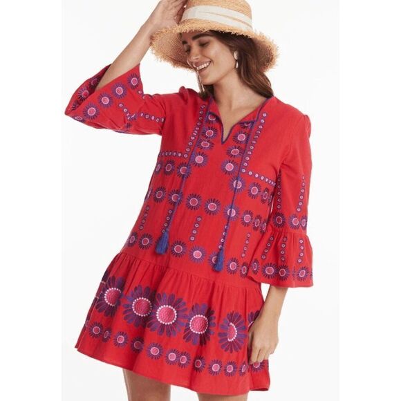 Tyler Boe 32308V Flame Holly V Neckline Embroidered Topper Dress with Tassel Tie - Picture 1 of 9